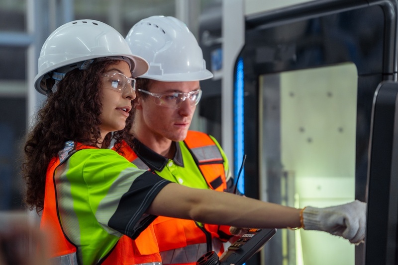 Two engineers in safety gear and orange vest, pointing at computer screen and inspecting