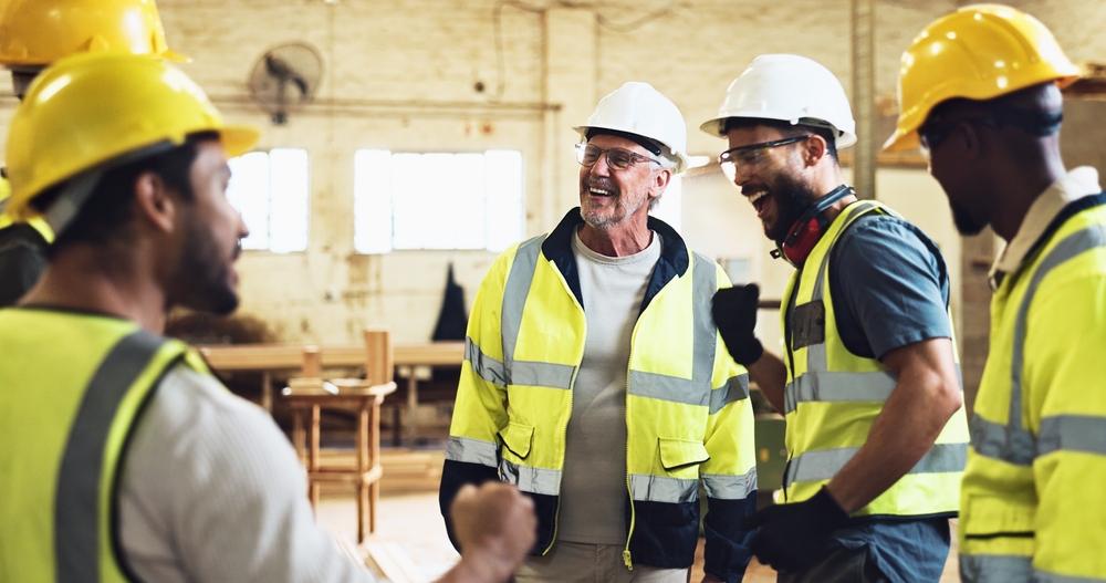construction group on site for planning with building, maintenance or repair. Discussion, engineers and industry workers with contractor for property development with renovation.