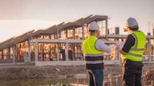 two engineers in safety gear look over a commercial construction project in Kansas City