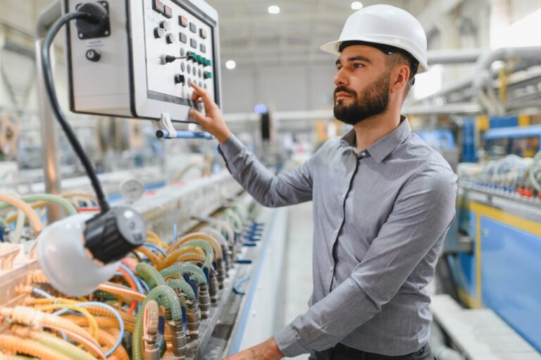 Male controls engineer in safety gear, examine control system