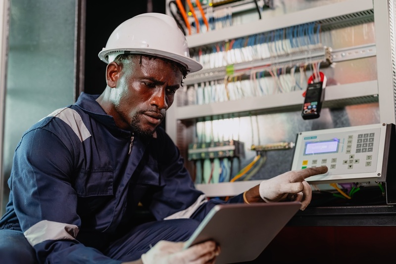 Industry Electrician, Modern technology industrial concept, African black engineer electricity technician male worker check inspecting electric wire in electricity cabinet power system control panel at plant factory industry machine.