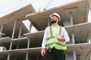 Male MEP engineer wearing hard hat and safety vest standing at a construction site, holding engineering plans and blueprints, looking ahead