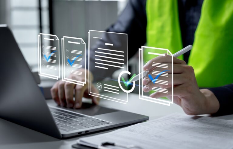 Engineering conducts a digital document inspection on a construction site using a checklist to verify safety standards, regulatory compliance, and quality control in project management.